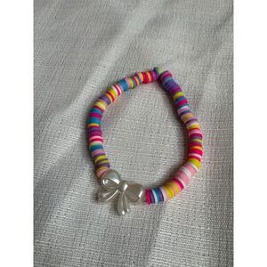 Handmade Multicolor Heishi Bead Stretch Bracelet with Pearly Bow Charm